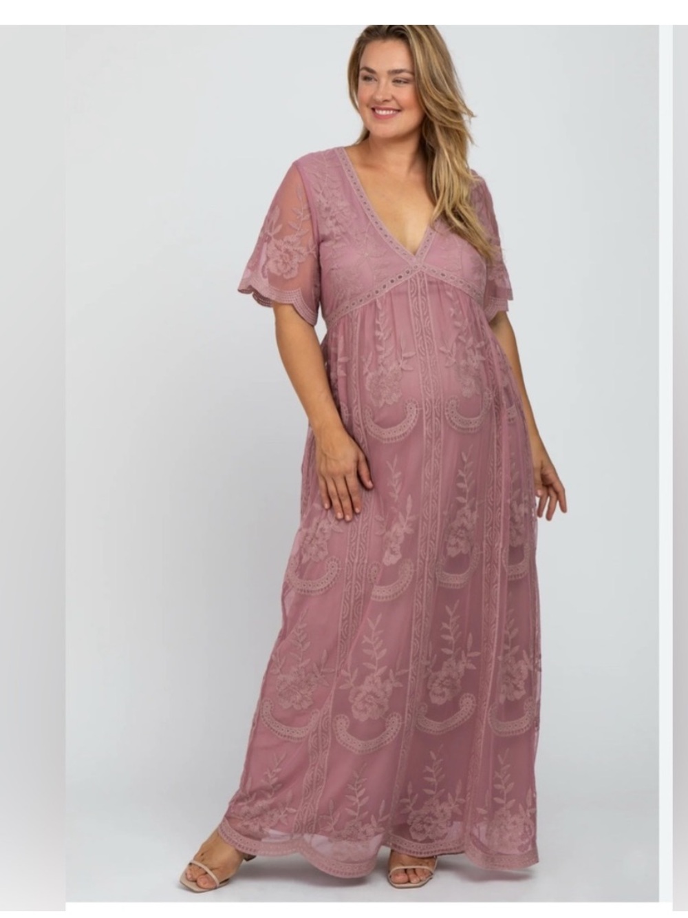 Pinkblush Mauve Maxi Dress Mesh Lace Overlay 3XL Maternity